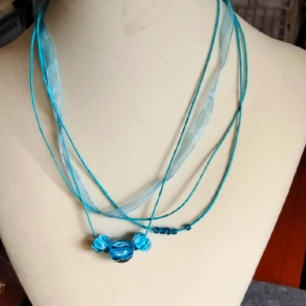 HAND CRAFTED MULTI CORD/RIBBON BOHO STYLE NECKLACE WITH LAMP WORK BEADS